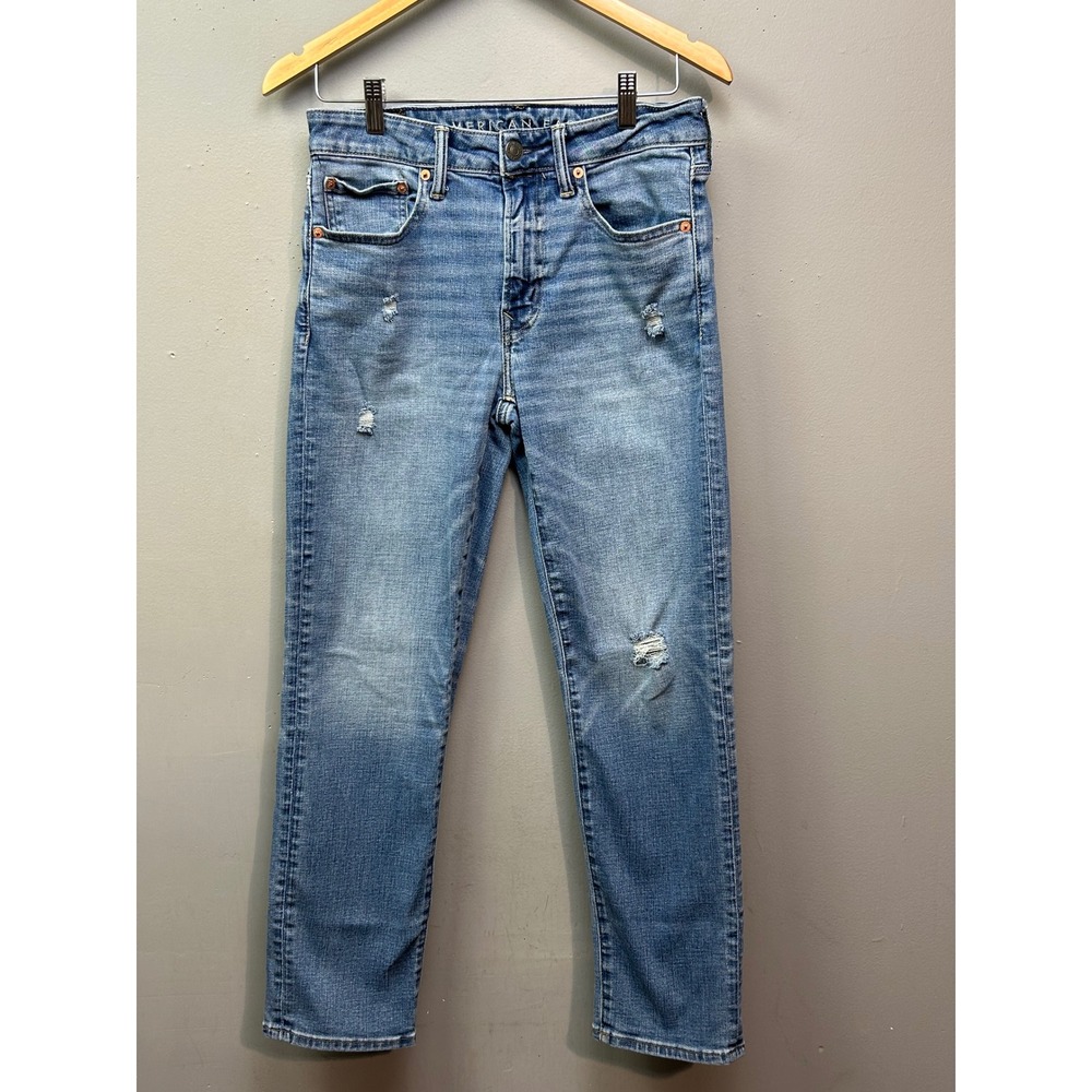 American Eagle Jeans Mens 29x30 Blue Athletic Straight AirFlex+ Distressed Denim